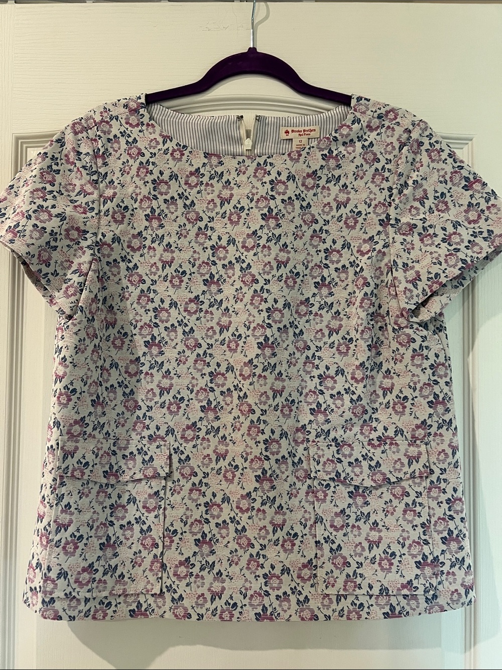 Brooks Brothers Pink and Blue Floral Short Sleeve Patch Pocket Top